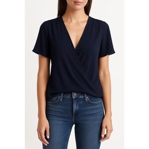 L'AGENCE 100% Silk Karan Flutter Sleeve Blouse Womens Size Small Navy Blue Wrap